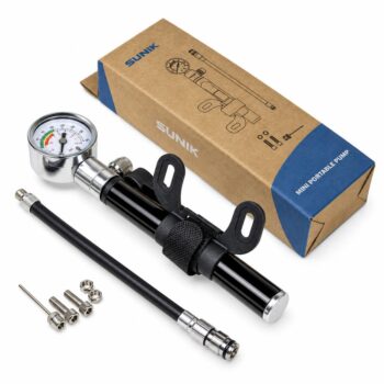 Inflador manual SUNIK con barómetro, latiguillo, accesorios y caja