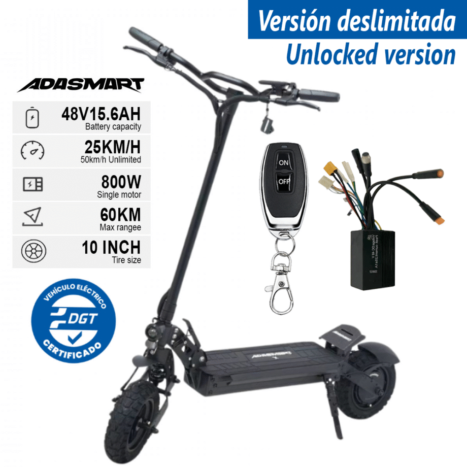 Patinete Adasmart X 800W 15,6 Ah EVE (Deslimitado con mando)